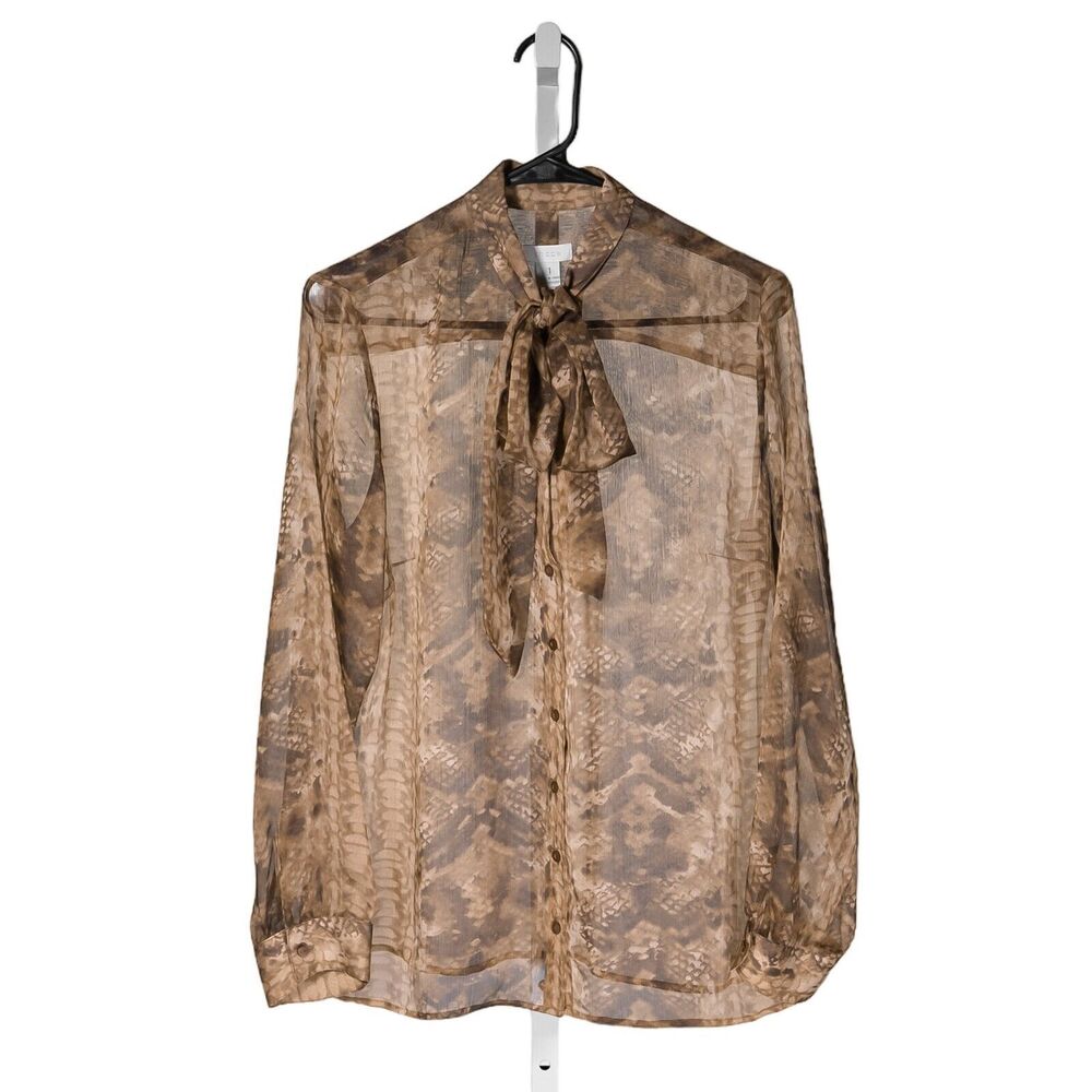Chico's Women's Shirt Button Up Snake Print Tie Neck Sheer Blouse Top 1 US M/8
